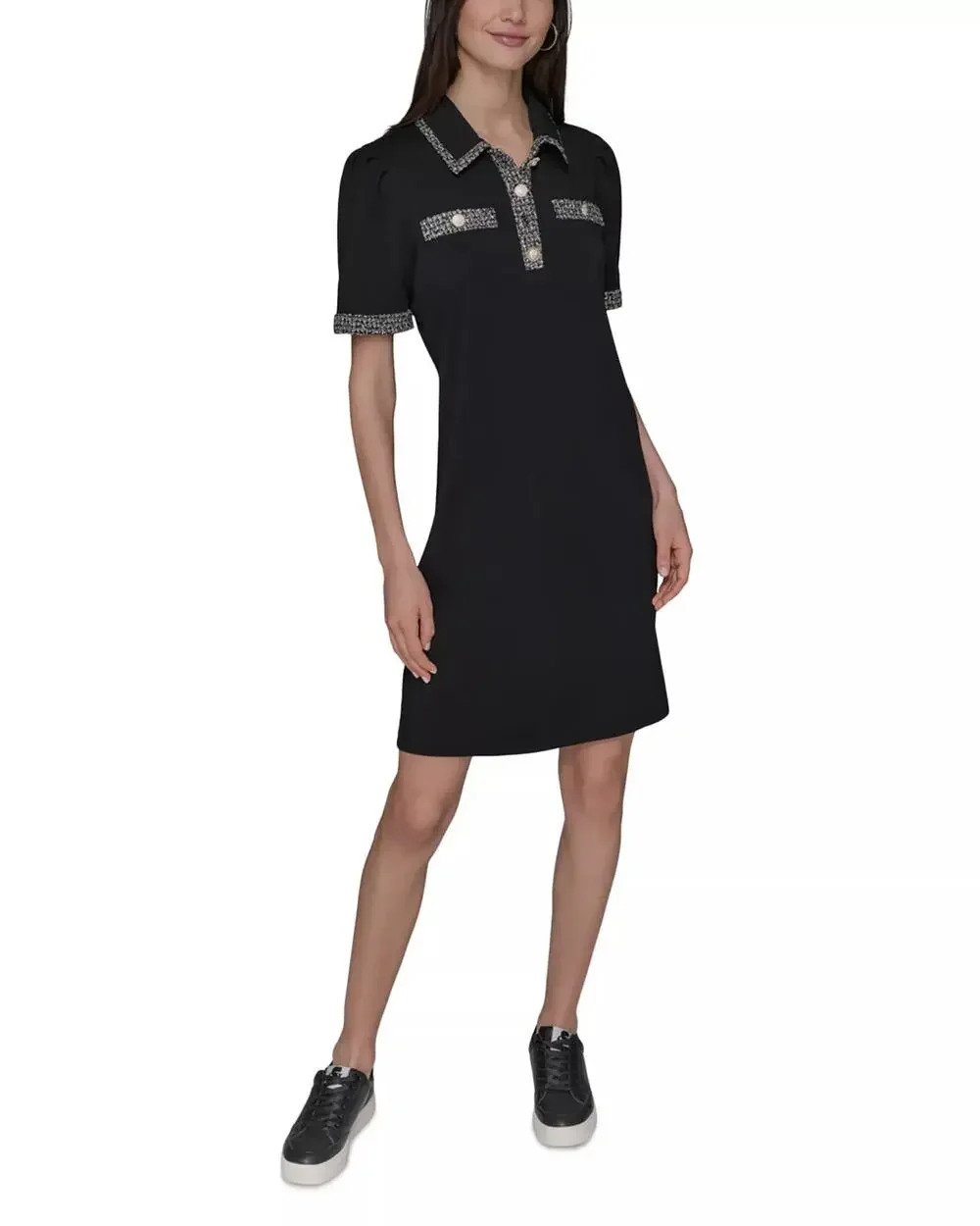 Karl Lagerfeld Paris Women Black Jersey Tweed Trim Mini Polo Dress Size S